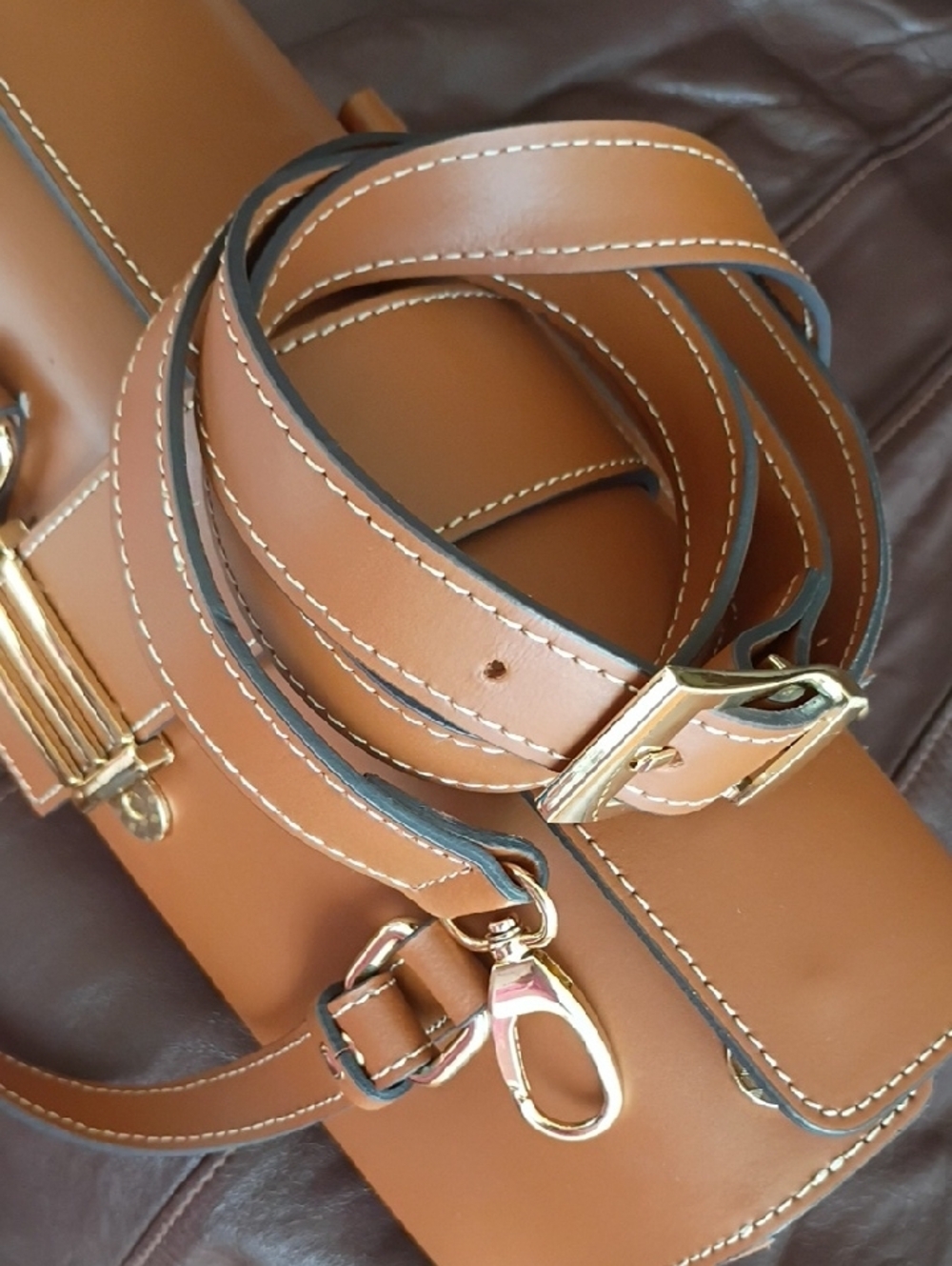 Tan Leather Barrel Shoulder Bag with Gold-Tone Accent - Picture 9 of 9